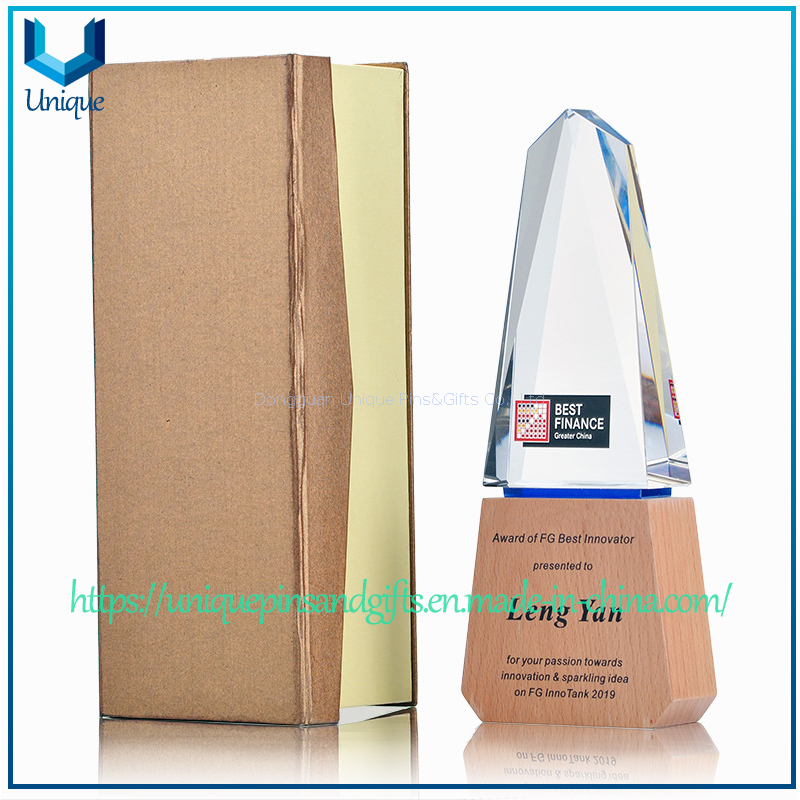 Customized Crystal Trophy, Triangular, Diagonally Cut-out Front, Wooden Base. Free Custom Text. Unique Printing of Customized Logo.