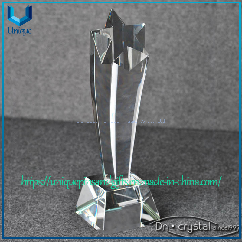 Customized Crystal Trophy, with Beveled Five-pointed Star Shape on The Top, Curved Body, And Crystal Base on The Bottom.