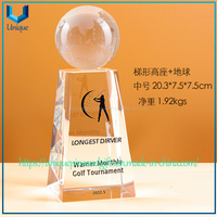 Custom Crystal Trophy with Spherical Top - Globe, Golf Ball, Gem Shape Options, Tall Trapezoid Base, Printed Patterns And Text - For Awards