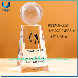 Custom Crystal Trophy with Spherical Top - Globe, Golf Ball, Gem Shape Options, Tall Trapezoid Base, Printed Patterns And Text - For Awards