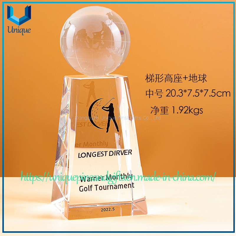 Custom Crystal Trophy with Spherical Top - Globe, Golf Ball, Gem Shape Options, Tall Trapezoid Base, Printed Patterns And Text - For Awards