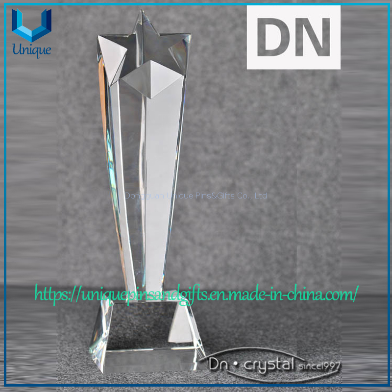 Customized Crystal Trophy, with Beveled Five-pointed Star Shape on The Top, Curved Body, And Crystal Base on The Bottom.
