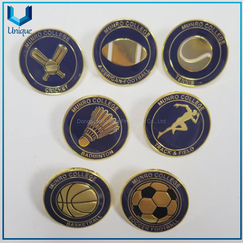 Custom Metal Enamel Lapel pin with Epoxy, Gold School Metal Brooch, Football/Track& Field /Soccer Ball/Basket Ball/Cricket/Badminton/Tennis sports Metal Pin