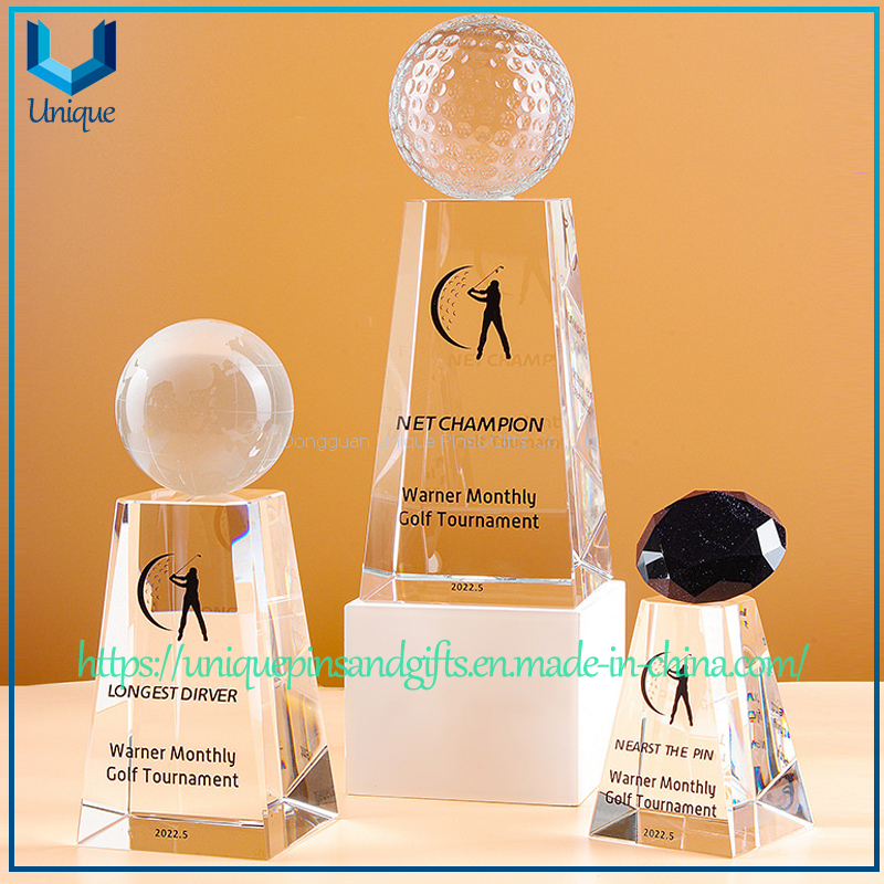 Custom Crystal Trophy with Spherical Top - Globe, Golf Ball, Gem Shape Options, Tall Trapezoid Base, Printed Patterns And Text - For Awards