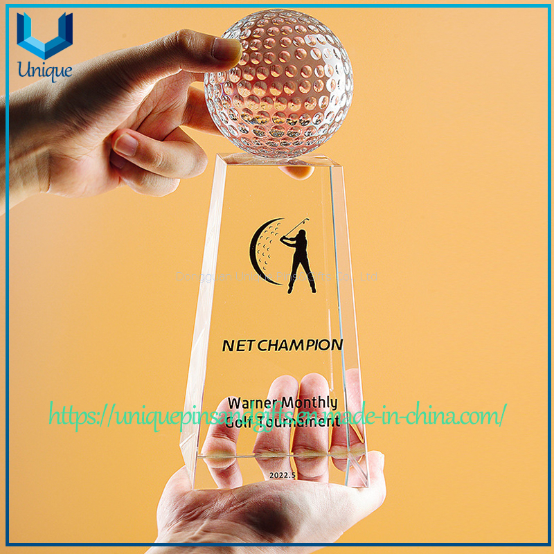 Custom Crystal Trophy with Spherical Top - Globe, Golf Ball, Gem Shape Options, Tall Trapezoid Base, Printed Patterns And Text - For Awards