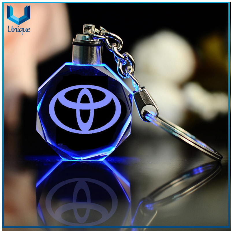 Custom Printing logo LED Light Crystal keychain, 3D engraving logo Crystal Souvenir keychain with gift box 