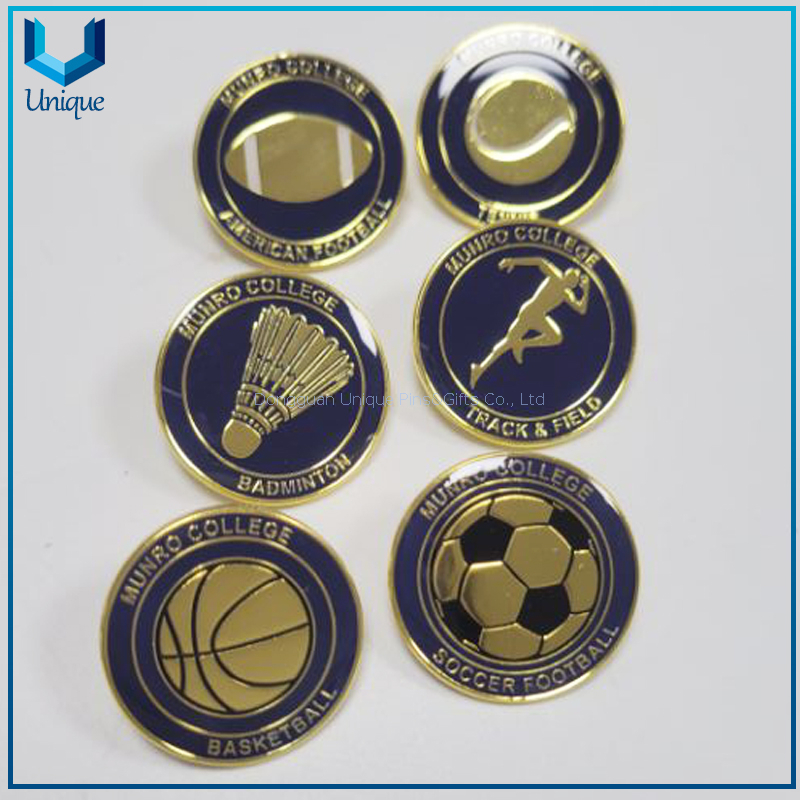 Custom Metal Enamel Lapel pin with Epoxy, Gold School Metal Brooch, Football/Track& Field /Soccer Ball/Basket Ball/Cricket/Badminton/Tennis sports Metal Pin