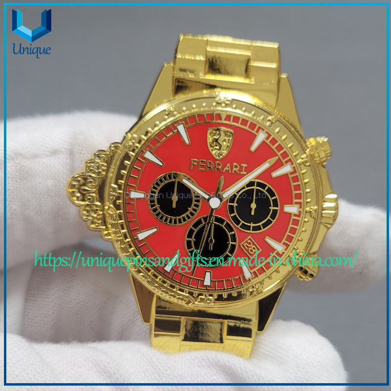Custom Rotary Flap 3D Watch Pin, Fench Pin's collection Fancy Metal Brooch, 3D watch with Raching Car Emblem