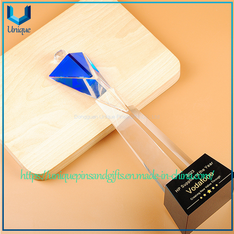 Custom Triangle Crystal Trophy - Bevelled Facets, Colorful Inverted Triangle Crystal Top, Crystal Ball, Spliced Triangle Body, Black Crystal Base with Custom Text