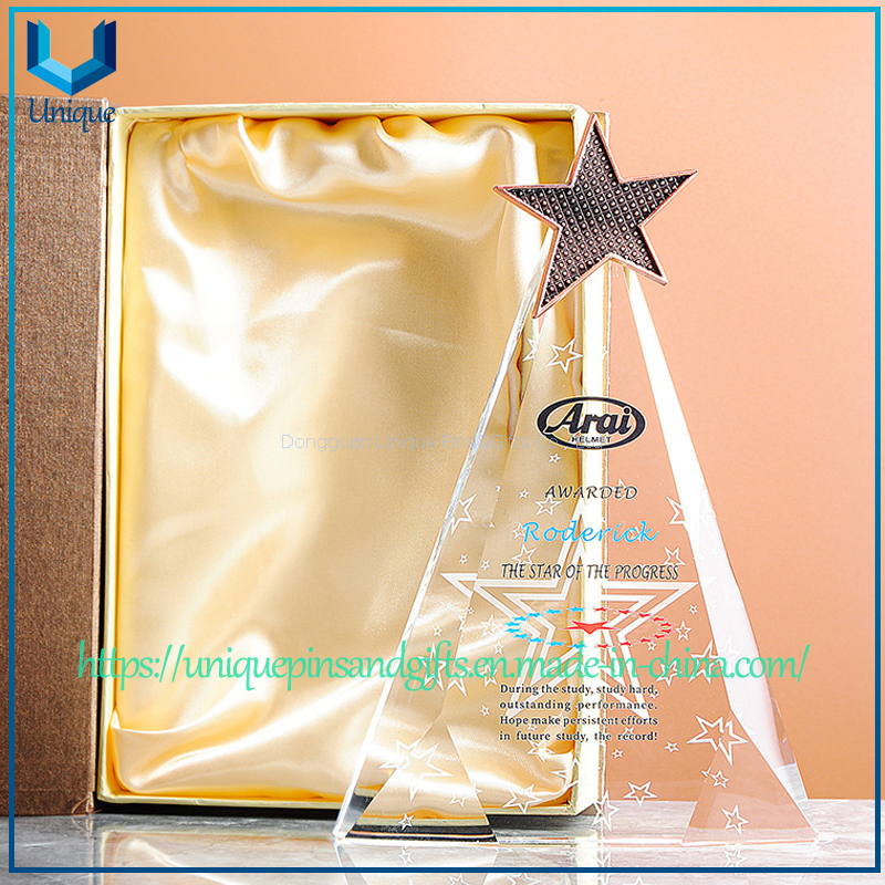 Custom Triangular Crystal Trophy - Metal Five-Point Star in Gold, Silver, Copper Plate on Top, Five-Pointed Star Pattern Body, Custom Text - For Awards