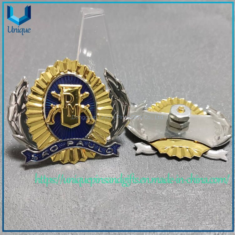 Custom Military Police Emblem, Gold Silver two tone Plating Brazil metal Badge, Die Struck Bronze Metal Brooch