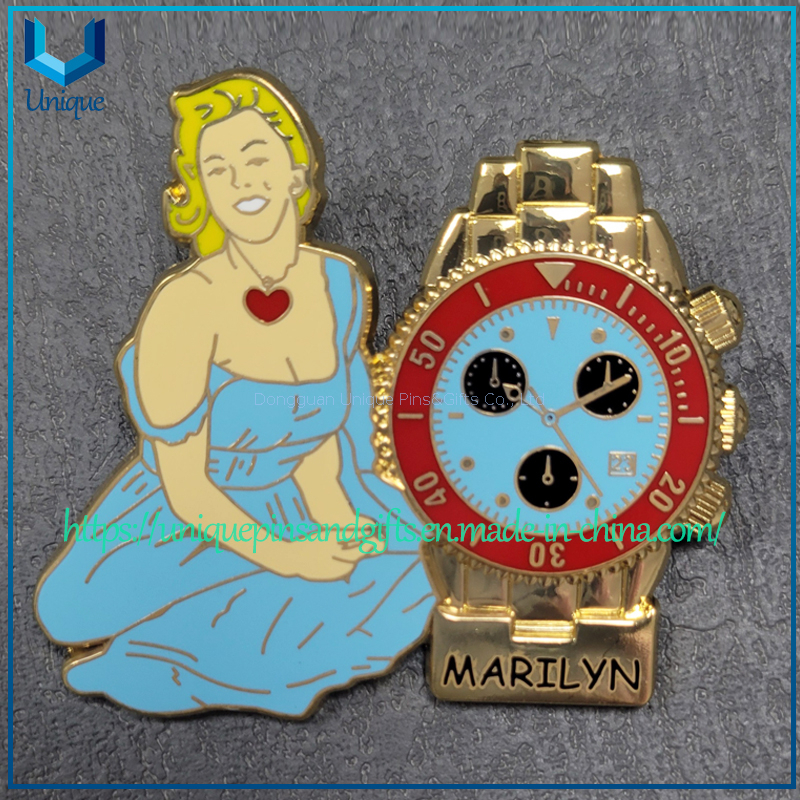 China Pin Manufactuere Pin's Creation Custom Marylin Fancy Fashion Pin with 3D watch in Hard Enamel in assorted color