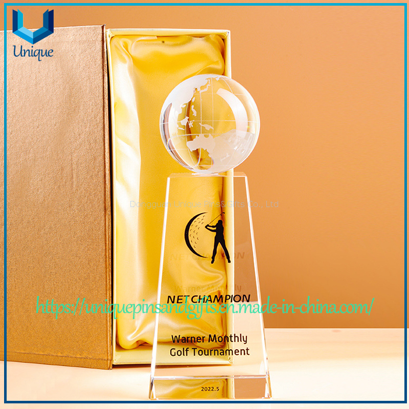 Custom Crystal Trophy with Spherical Top - Globe, Golf Ball, Gem Shape Options, Tall Trapezoid Base, Printed Patterns And Text - For Awards