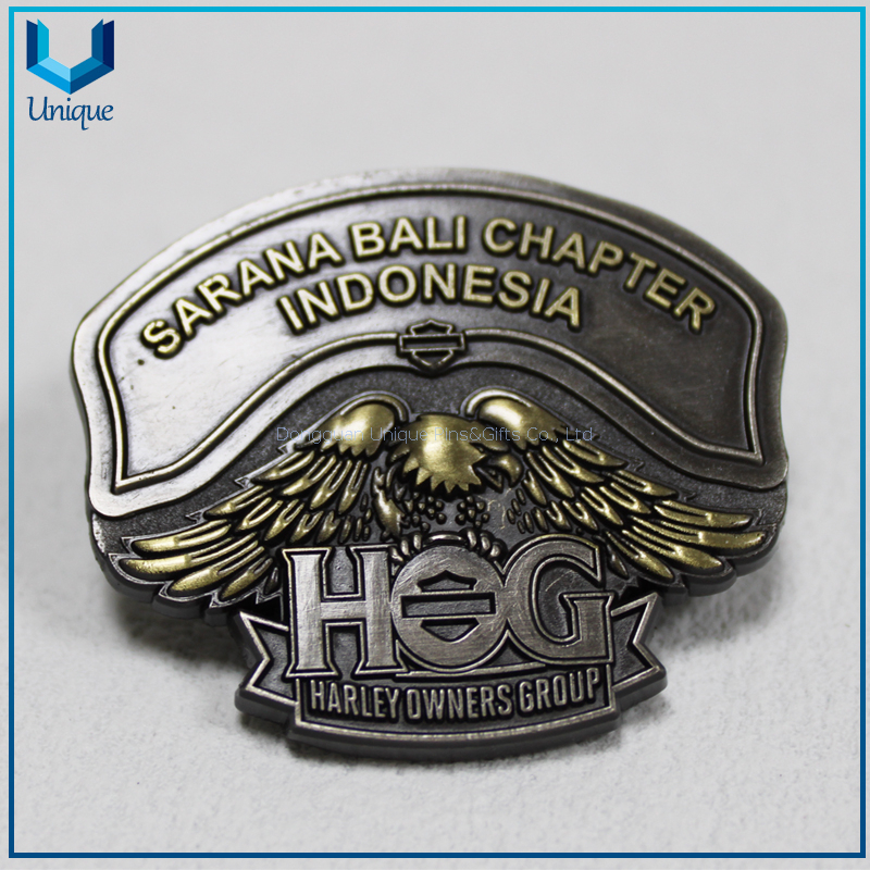 Custom Indonesia Harley Owner Group Souvenir Gift Metal Badge, Two tone plating 3D Metal Emblem Lapel Pins