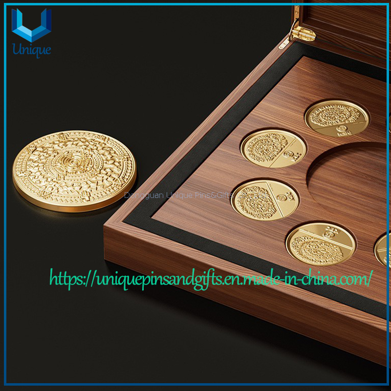 High-End Display Flip-Top Storage Engraved Text Fits Customized Commemorative Coins & Medals with Solid Wood gift Box for displayer