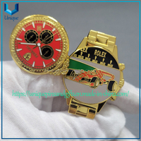 Custom Rotary Flap 3D Watch Pin, Fench Pin's collection Fancy Metal Brooch, 3D watch with Raching Car Emblem