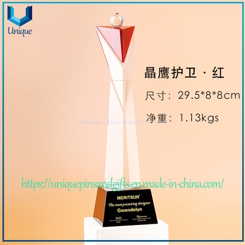 Custom Triangle Crystal Trophy - Bevelled Facets, Colorful Inverted Triangle Crystal Top, Crystal Ball, Spliced Triangle Body, Black Crystal Base with Custom Text