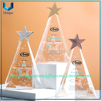 Custom Triangular Crystal Trophy - Metal Five-Point Star in Gold, Silver, Copper Plate on Top, Five-Pointed Star Pattern Body, Custom Text - For Awards