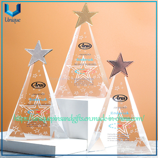 Custom Triangular Crystal Trophy - Metal Five-Point Star in Gold, Silver, Copper Plate on Top, Five-Pointed Star Pattern Body, Custom Text - For Awards