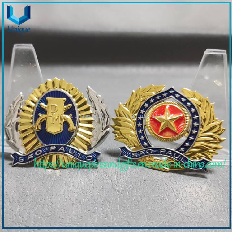 Custom Military Police Emblem, Gold Silver two tone Plating Brazil metal Badge, Die Struck Bronze Metal Brooch