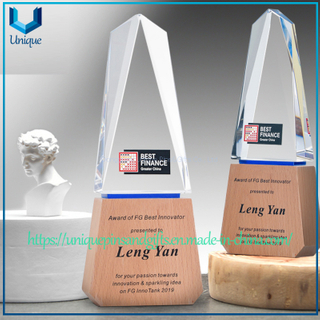Customized Crystal Trophy, Triangular, Diagonally Cut-out Front, Wooden Base. Free Custom Text. Unique Printing of Customized Logo.