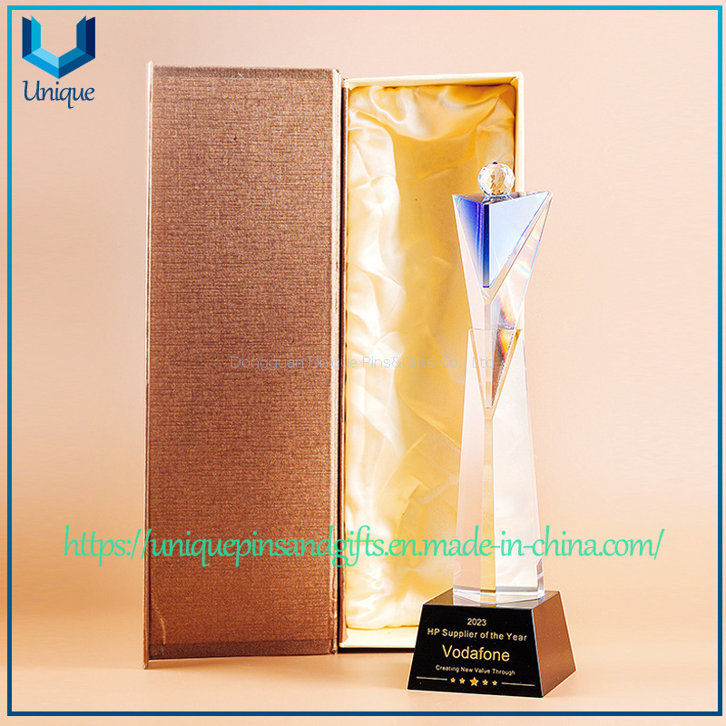 Custom Triangle Crystal Trophy - Bevelled Facets, Colorful Inverted Triangle Crystal Top, Crystal Ball, Spliced Triangle Body, Black Crystal Base with Custom Text