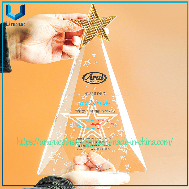 Custom Triangular Crystal Trophy - Metal Five-Point Star in Gold, Silver, Copper Plate on Top, Five-Pointed Star Pattern Body, Custom Text - For Awards