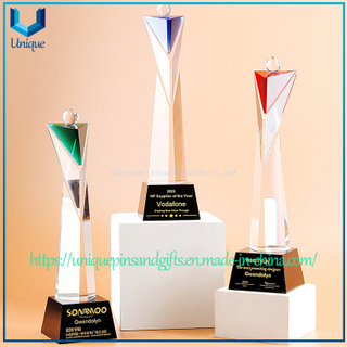 Custom Triangle Crystal Trophy - Bevelled Facets, Colorful Inverted Triangle Crystal Top, Crystal Ball, Spliced Triangle Body, Black Crystal Base with Custom Text