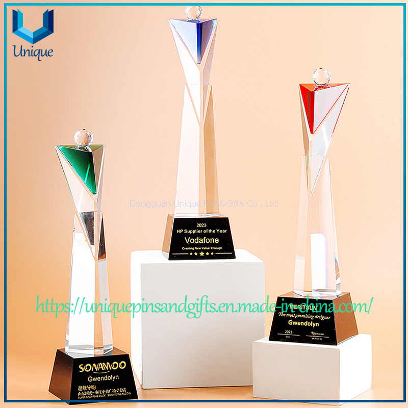 Custom Triangle Crystal Trophy - Bevelled Facets, Colorful Inverted Triangle Crystal Top, Crystal Ball, Spliced Triangle Body, Black Crystal Base with Custom Text