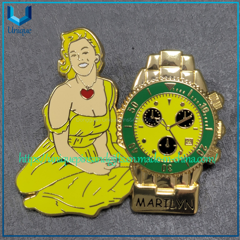 China Pin Manufactuere Pin's Creation Custom Marylin Fancy Fashion Pin with 3D watch in Hard Enamel in assorted color