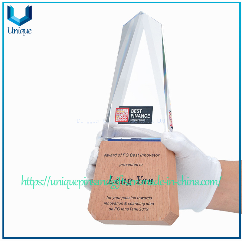 Customized Crystal Trophy, Triangular, Diagonally Cut-out Front, Wooden Base. Free Custom Text. Unique Printing of Customized Logo.