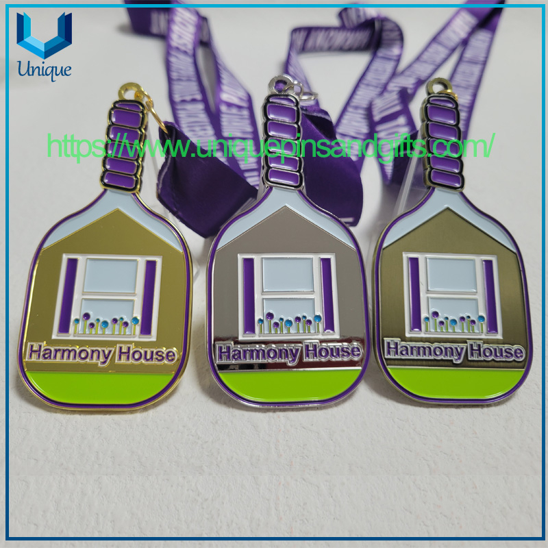 High Quality Customized Design Gold Silver Bronze Pickleball Medal with Printing Lanyard