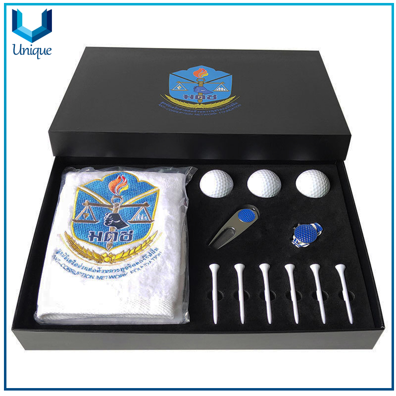 Golf Gift Set:Customize Logo Golf Towel+Golf Tee+Golf Divot Tool+Golf Ballmarker+Hatclip for Promotional Gifts in Gifts Box Packing
