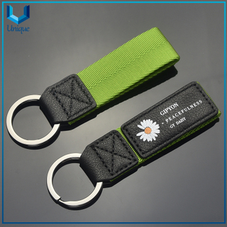 China Wholesale Car Keyring Docoration Accessories, Customize Printing /embroidery Logo Leather+ Webbing Keychain for Souvenir Gifts