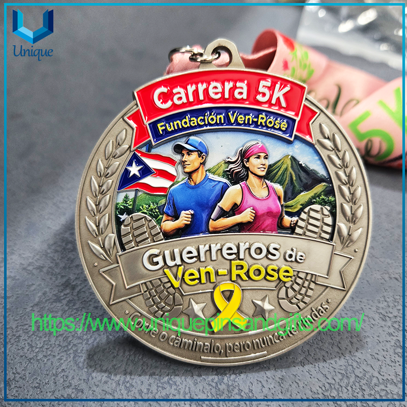 Custom Design Single Side 3D +UV+Enamel Puerto Rico Ven Rose Running Medal