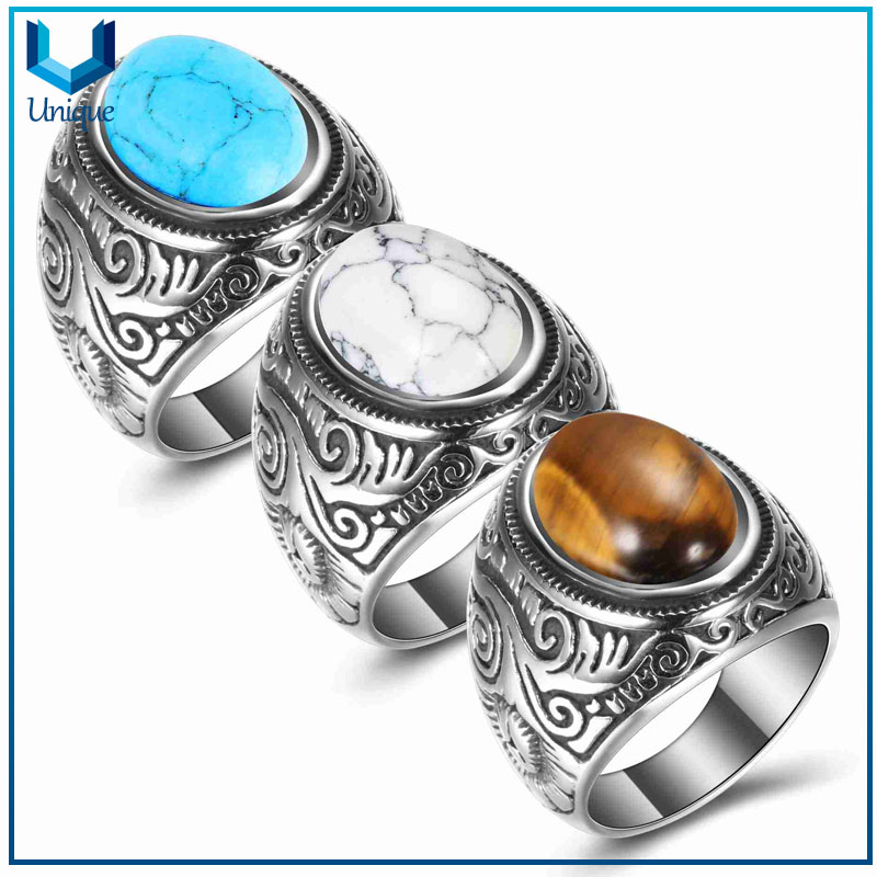 002-01Custom fashion man punk jewelry turquoise stone stainless steel rings men