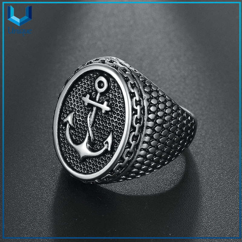 Jiushang retro navy boat anchor style alloy copper titanium steel hip hop fashion vintage punk jewelry mens ring
