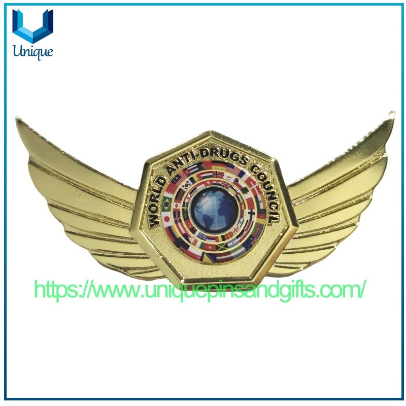 Custom 3D Irregular Gold Plate Badge Anti-Drug Council Metal Lapel Pin Badge Custom Gold Police Metal Brooch Badge with Colorful Logo