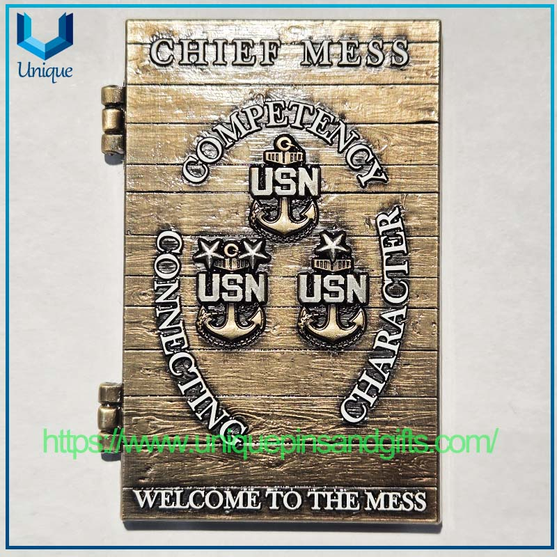 Custom Design 3D Metal Foldable Commemorative Coin, 3" USA Marine Military Door Openable CHIEF MESS Souvenir Coin, UV Printing Logo Commemorative Challenge Coin