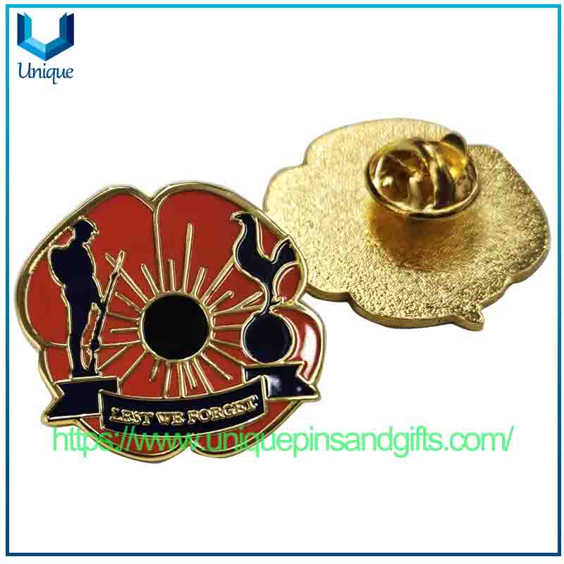 Custom Hard Enamel Flower Charming Lapel Pin, Gold UK REMEMBERANCE Metal Brooch