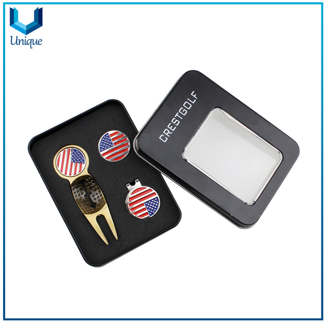 Antique Brass Plated Golf Divot Tool, Golf Hatclip with Ballmarker in set with Gift Box Packing,Customize Design Golf Accessory Tools in Set for Promotional Gifts 