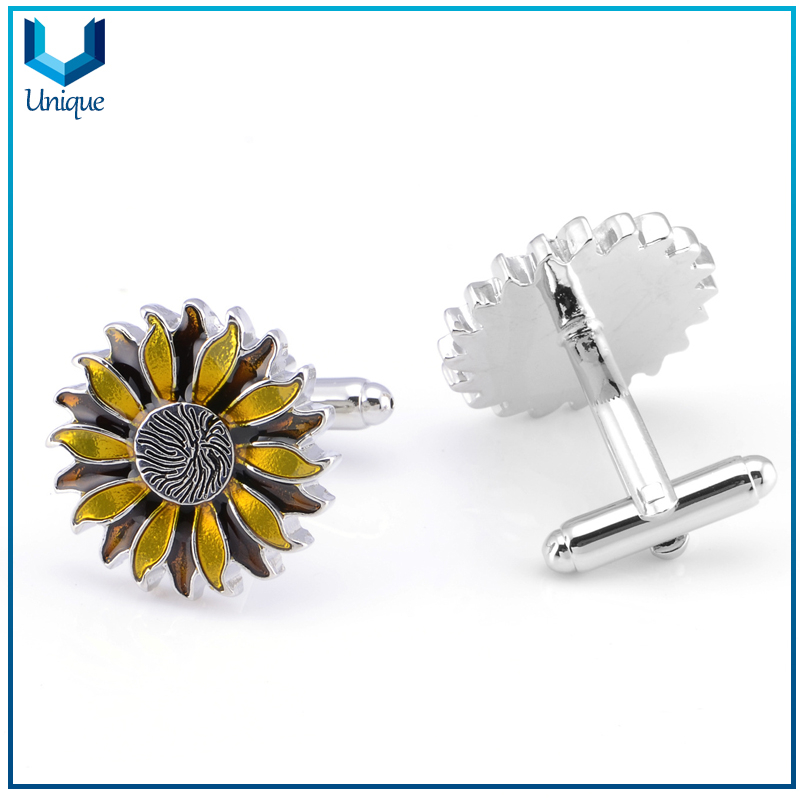 Fashion Sunflower Cufflink, Customize Metal Jewelry Tie Pin Cufflink for Shirt Decoration,China Wholesale Epoxy Cufflink for Promotional Gifts