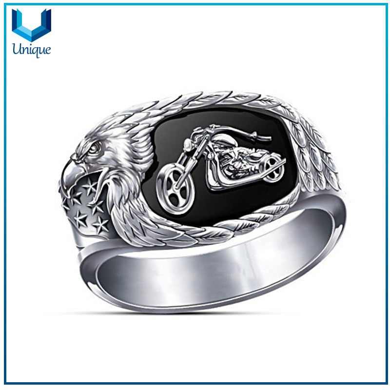 Free riding ring men's motorcycle ring black engraved eagle beak and stars and stripes pattern punk jewelry