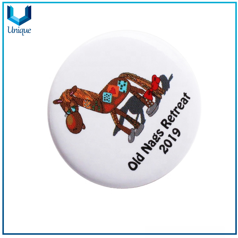 Custom cheap round label designs promotional horse logo metal tin button badge with safety pins