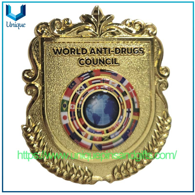 Custom 3D Irregular Gold Plate Badge Anti-Drug Council Metal Lapel Pin Badge Custom Gold Police Metal Brooch Badge with Colorful Logo