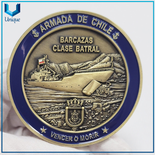 Custom made Amanda De Chile 3D ship Antique brass 2.25 inch Navy Medal Challenge Coin with acrylic capsule