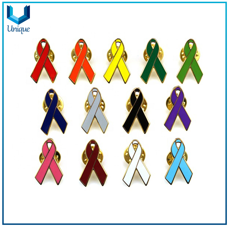 Available Mold Ribbon Pin, Multiple Design & color Metal Ribbon badge,Anti-Cancer Lapel Pin, Die Struck Gold Rainblow Pin