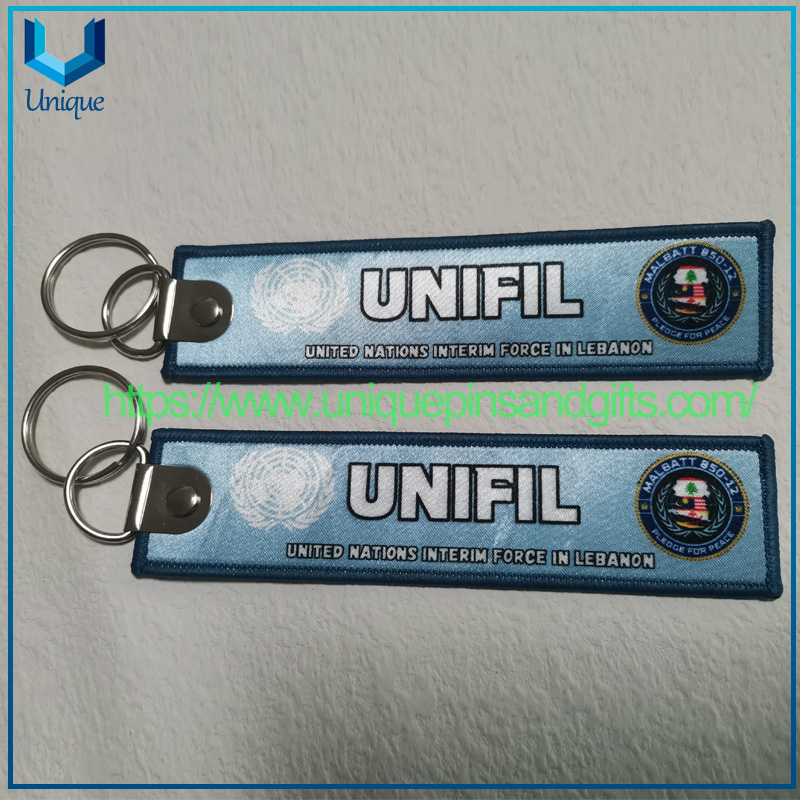 Custom Embroidery Army Flag Keychains, Fabric Embroidery Car Keychains, Woven Keychain, United Nations Interim Force Flag Keychain