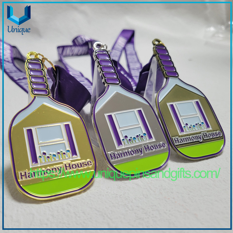 High Quality Customized Design Gold Silver Bronze Pickleball Medal with Printing Lanyard