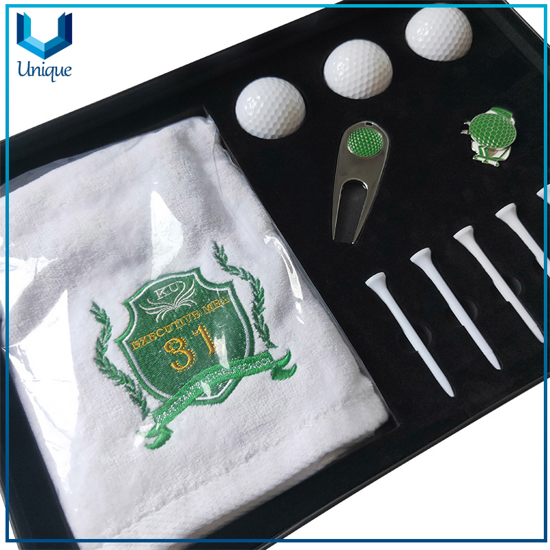 Golf Gift Set:Customize Logo Golf Towel+Golf Tee+Golf Divot Tool+Golf Ballmarker+Hatclip for Promotional Gifts in Gifts Box Packing